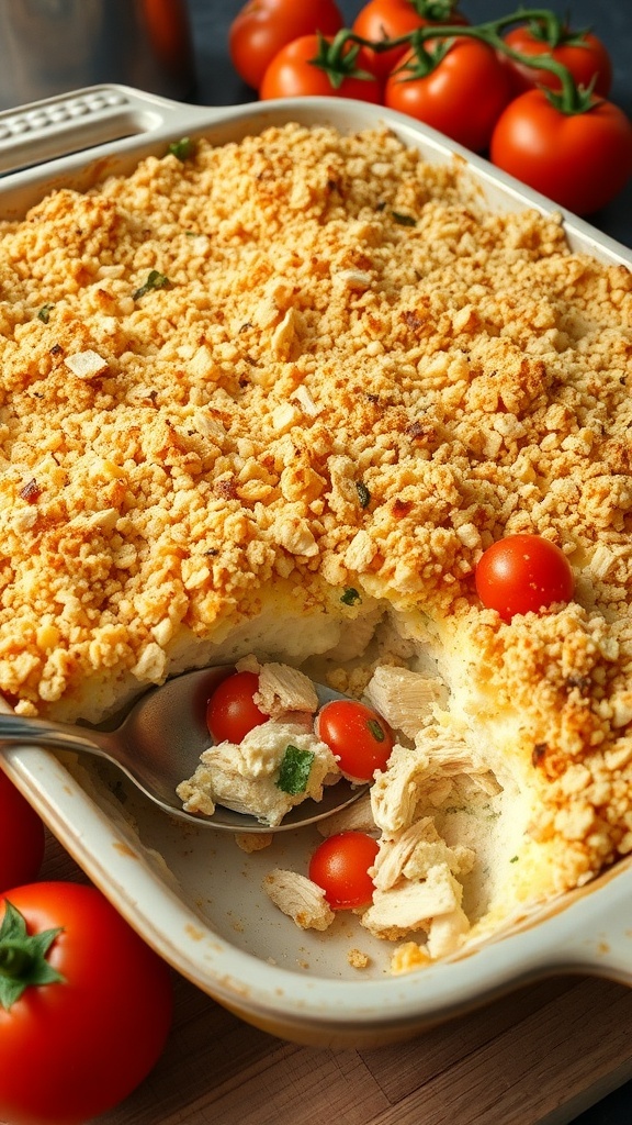 Crispy chicken salad casserole with tomatoes, topped with breadcrumbs and cheese, served in a rustic dish.